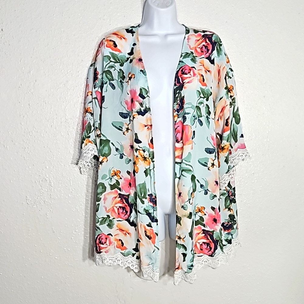 Pink Blush aqua with floral print & lace fly away oversized cardigan S